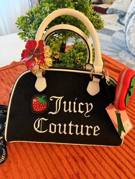 Juicy Couture Black Satchel with White Trim & Strawberry Charm - Picture 9 of 16